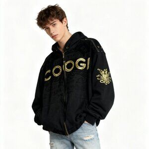 EXCELLENT COOGI BLACK & GOLD EMBROIDERED FULL ZIP HOODIE JACKET SIZE Large RARE